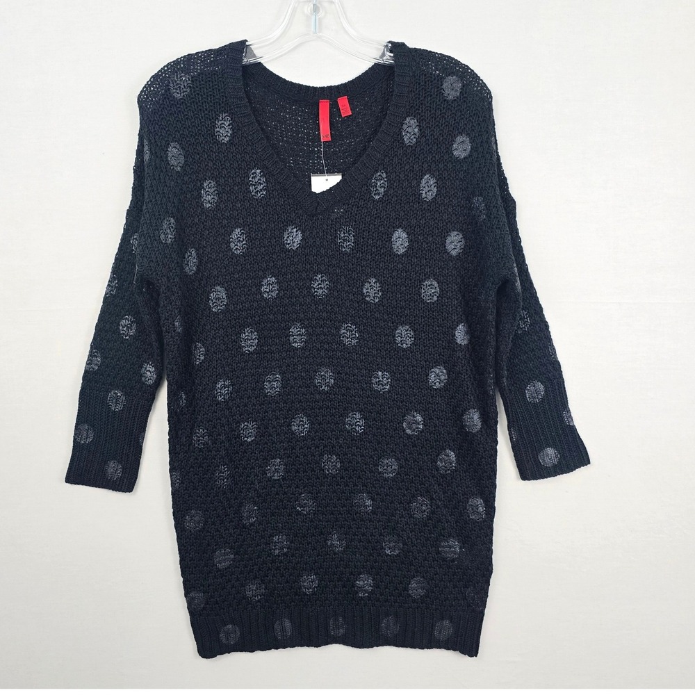 5/48 3/4 Sleeve Polka Dot Open Knit V-Neck Women‎ Sweater Black Small New